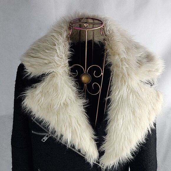 Topshop Faux Fur Collar Coat Assymettrical Zippered Front Size 4 - Picture 3 of 11